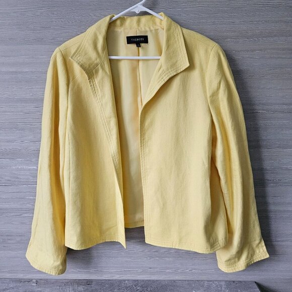 TALBOTS Linen Blazer Womens Size 16 Yellow Open Front Jacket Polyester Lining - Picture 2 of 16